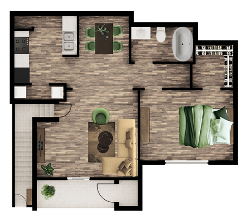 A top-down view of a house layout with a kitchen, living room, and bathroom.